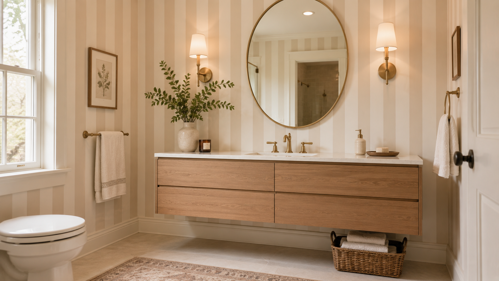 Modern bathroom with striped walls, oval mirror, floating vanity, and warm neutral colors inspired by 2026 interior design trends.
