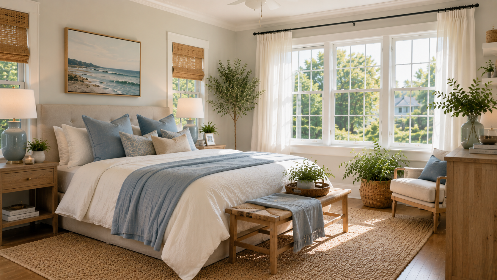 Cozy summer bedroom with light blue accents, airy curtains, indoor plants, and soft natural lighting in a modern home.