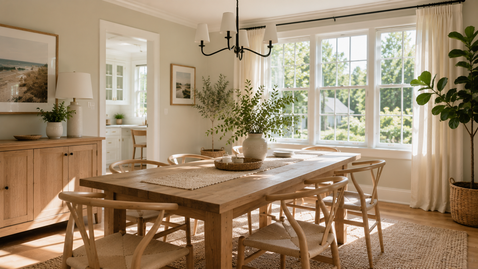 Bright dining room with light wood table, soft wall colors, natural sunlight, and simple summer decor in a Massachusetts home.