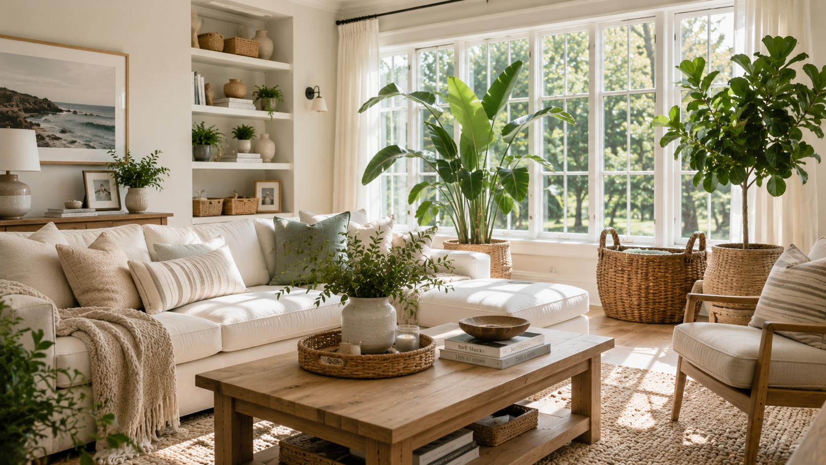 Modern living room with indoor plants, wood furniture, woven decor, and natural summer interior design trends in Massachusetts.