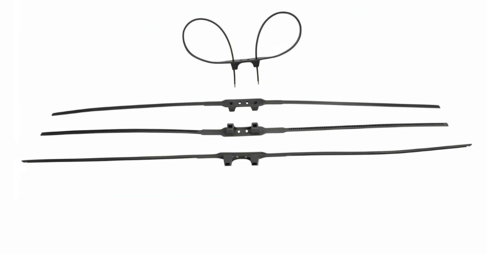 Three black wireframes stacked horizontally, topped by a small butterfly-shaped wire sculpture on white background