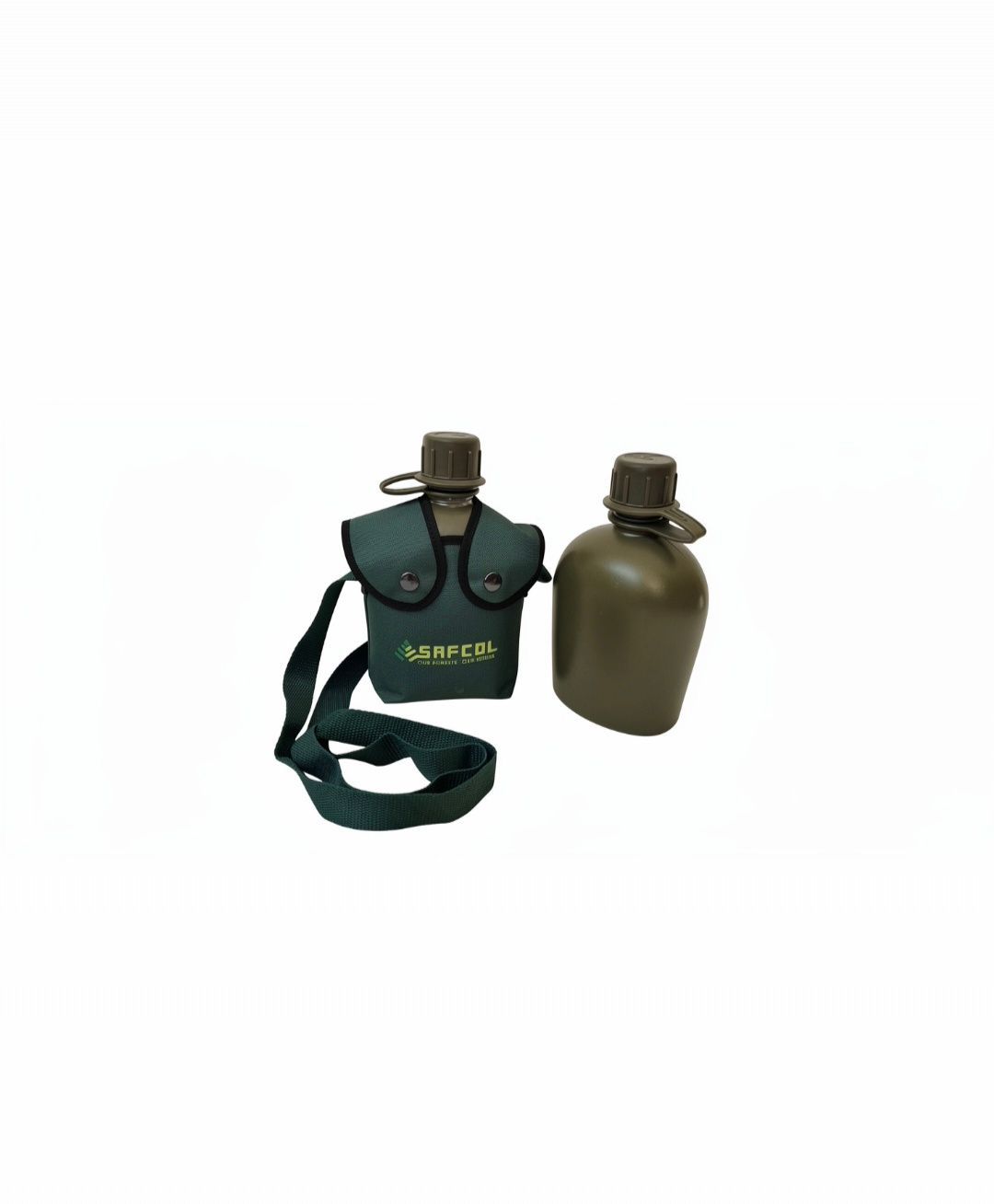 Two olive-green military-style canteens with caps and a dark green strap on a white background