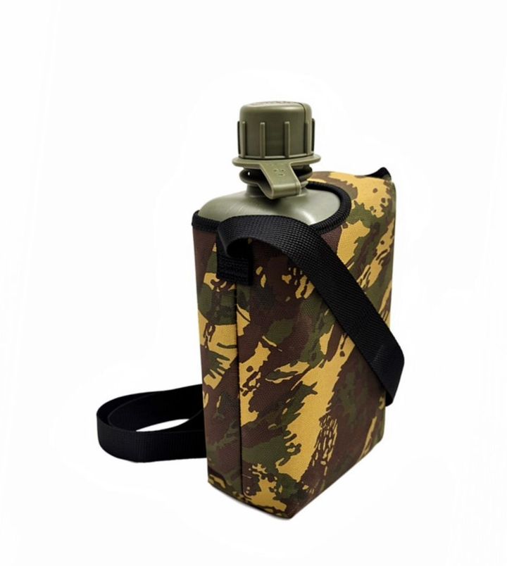 Camouflage canteen pouch with black strap and cap on a white background