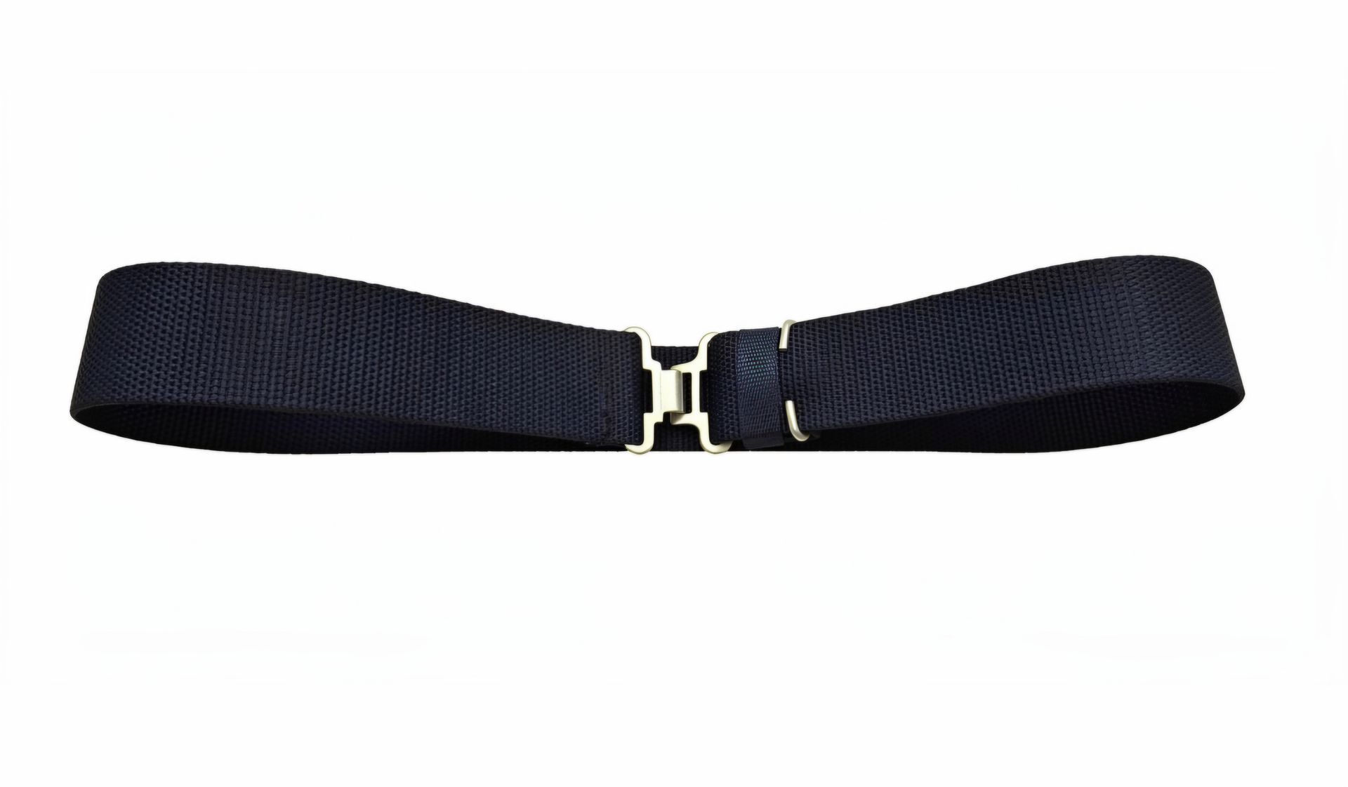 Black adjustable belt with a silver buckle on a white background