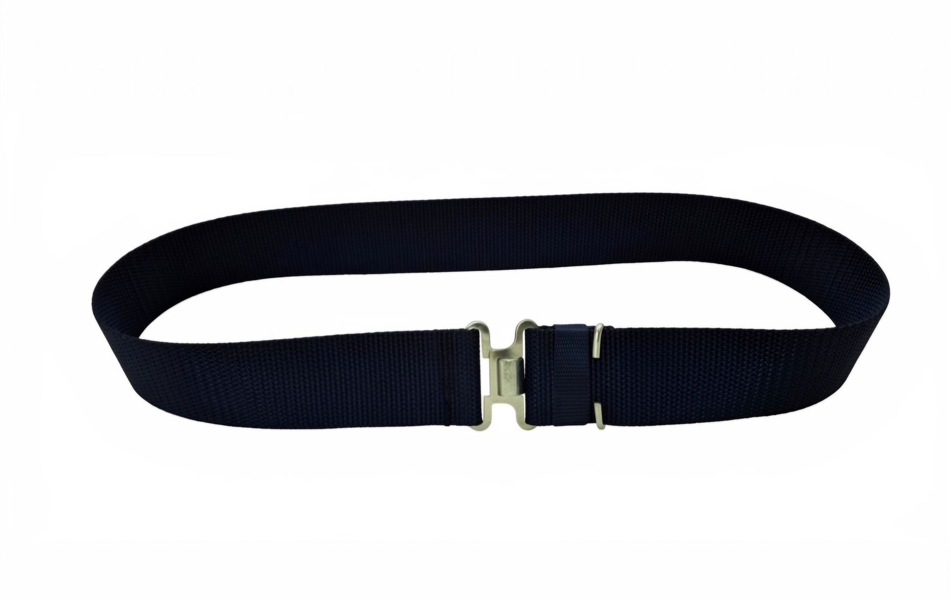 Black adjustable belt with a silver buckle on a white background