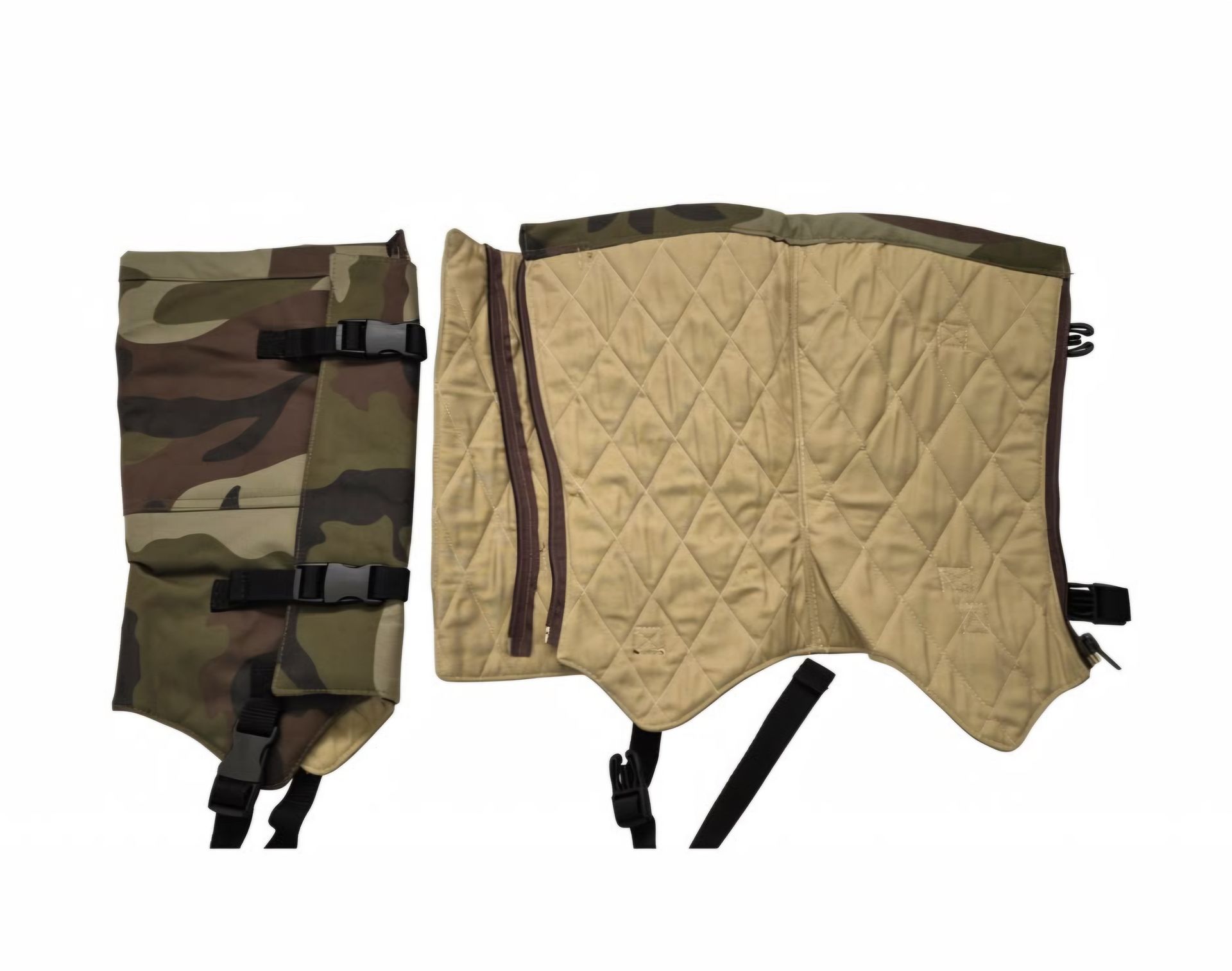 Camouflage and tan quilted dog vest harnesses laid side by side on white background