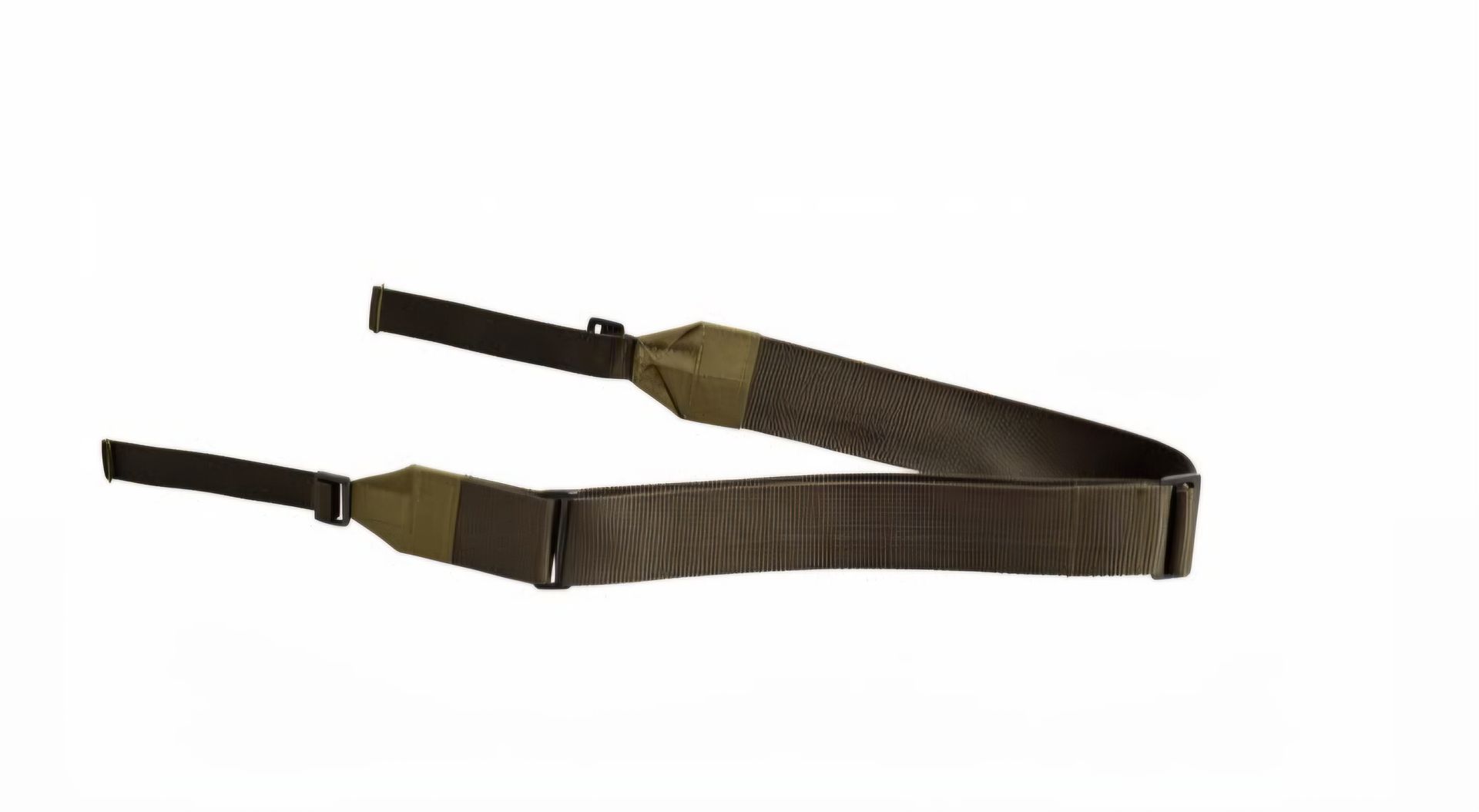 Olive green adjustable strap with black buckle and loops on a white background