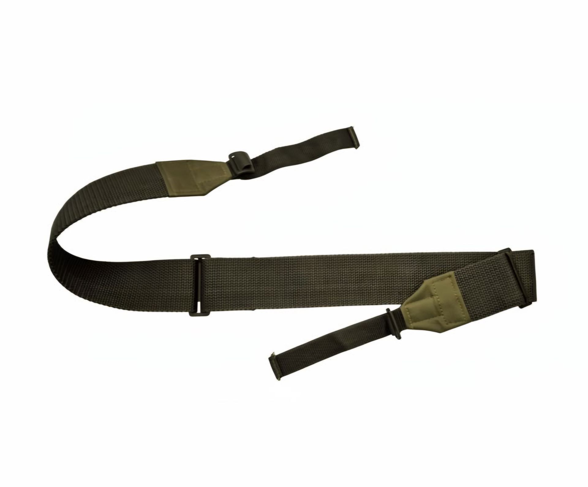 Olive green adjustable strap with black buckle and loops on a white background