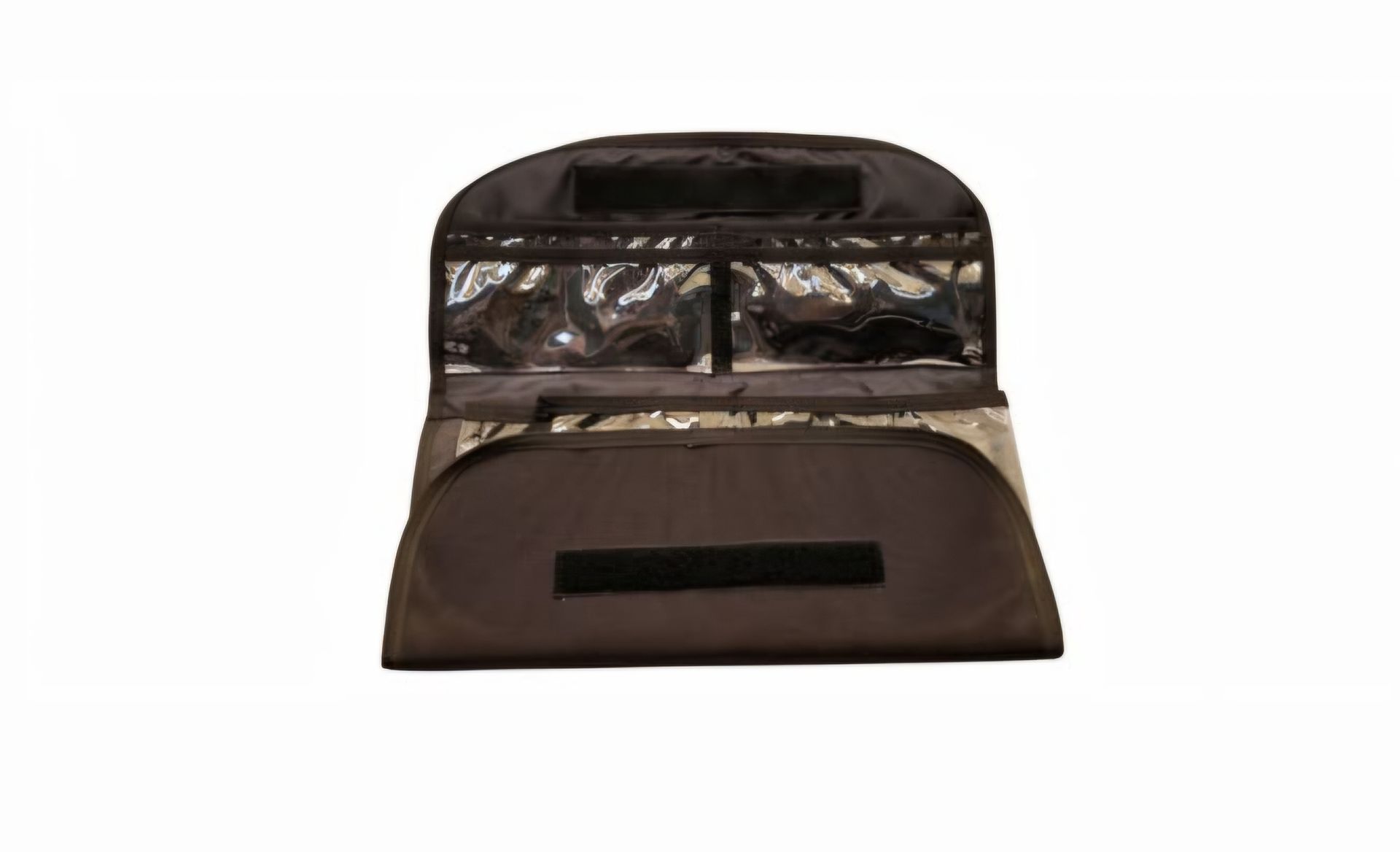 Camouflage and tan quilted dog vest harnesses laid side by side on white background