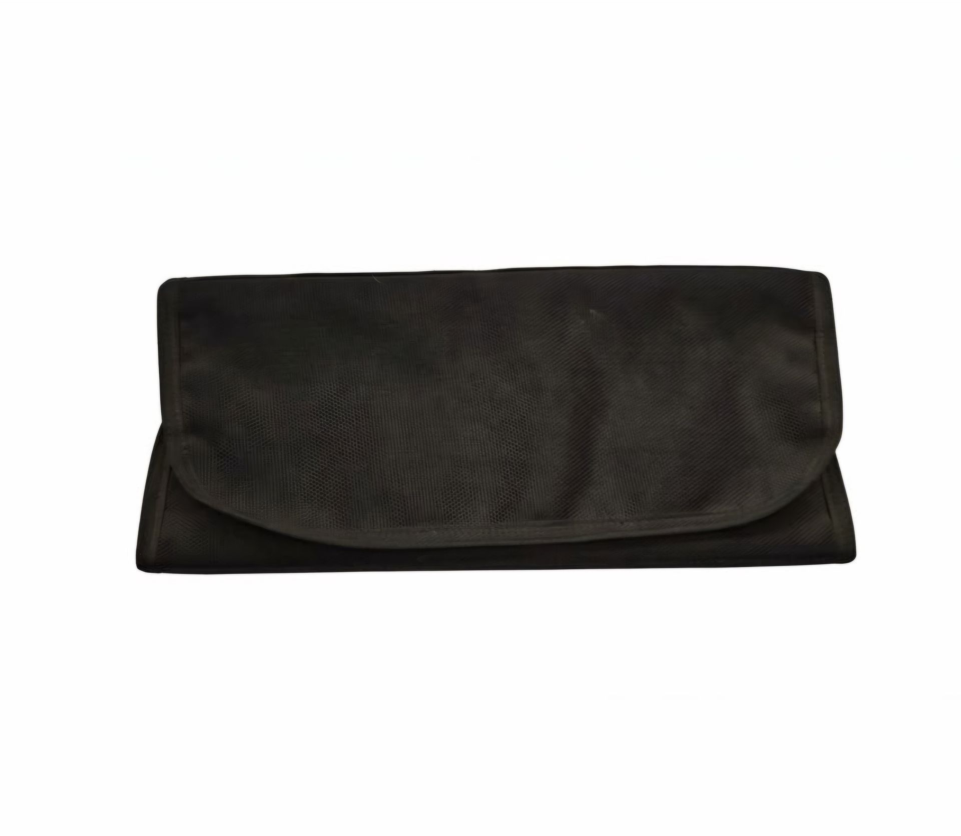 Black zippered organizer bag with multiple transparent pockets holding small labeled packets.