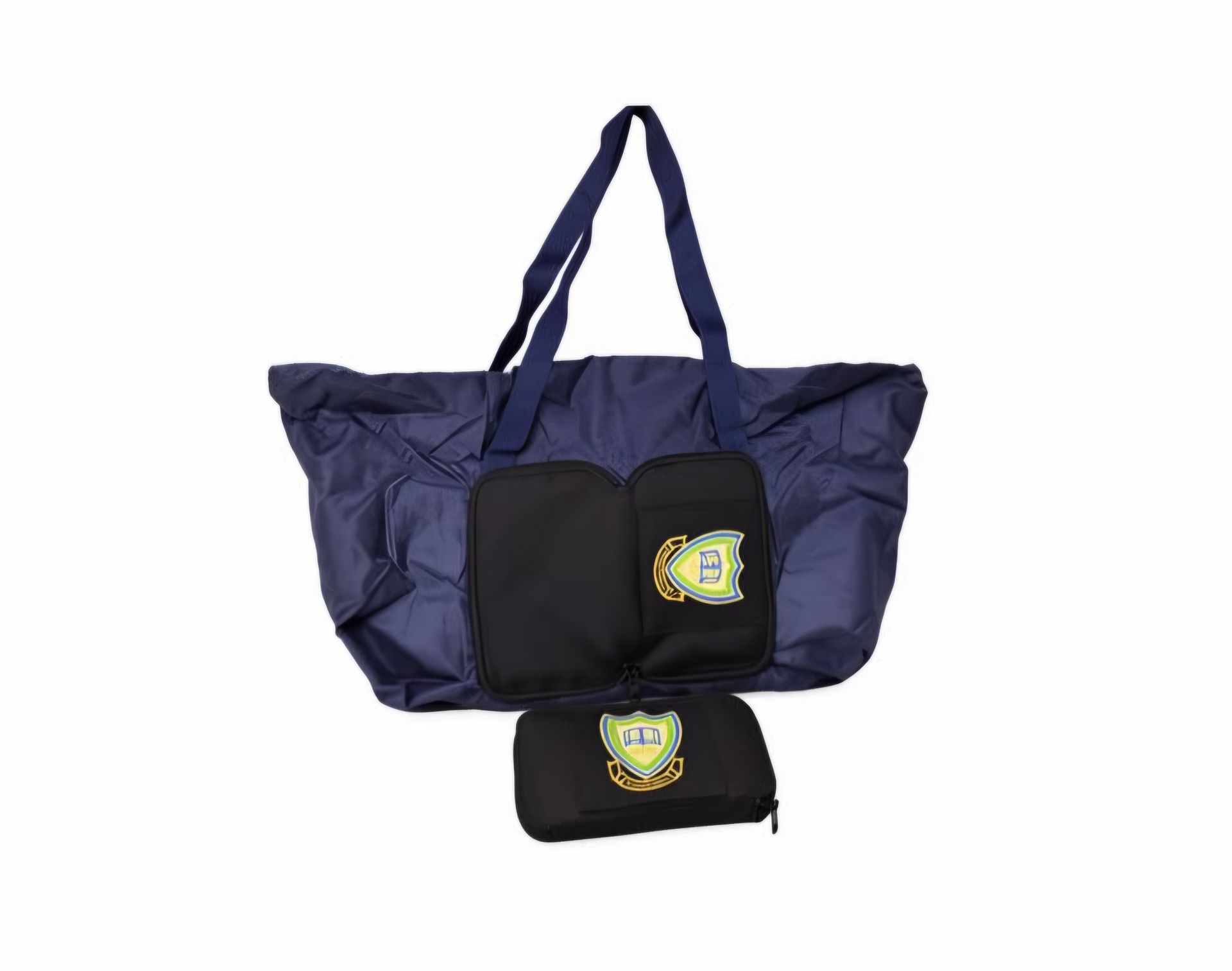 Navy tote bag with black front pocket and matching black zip pouch on a white background
