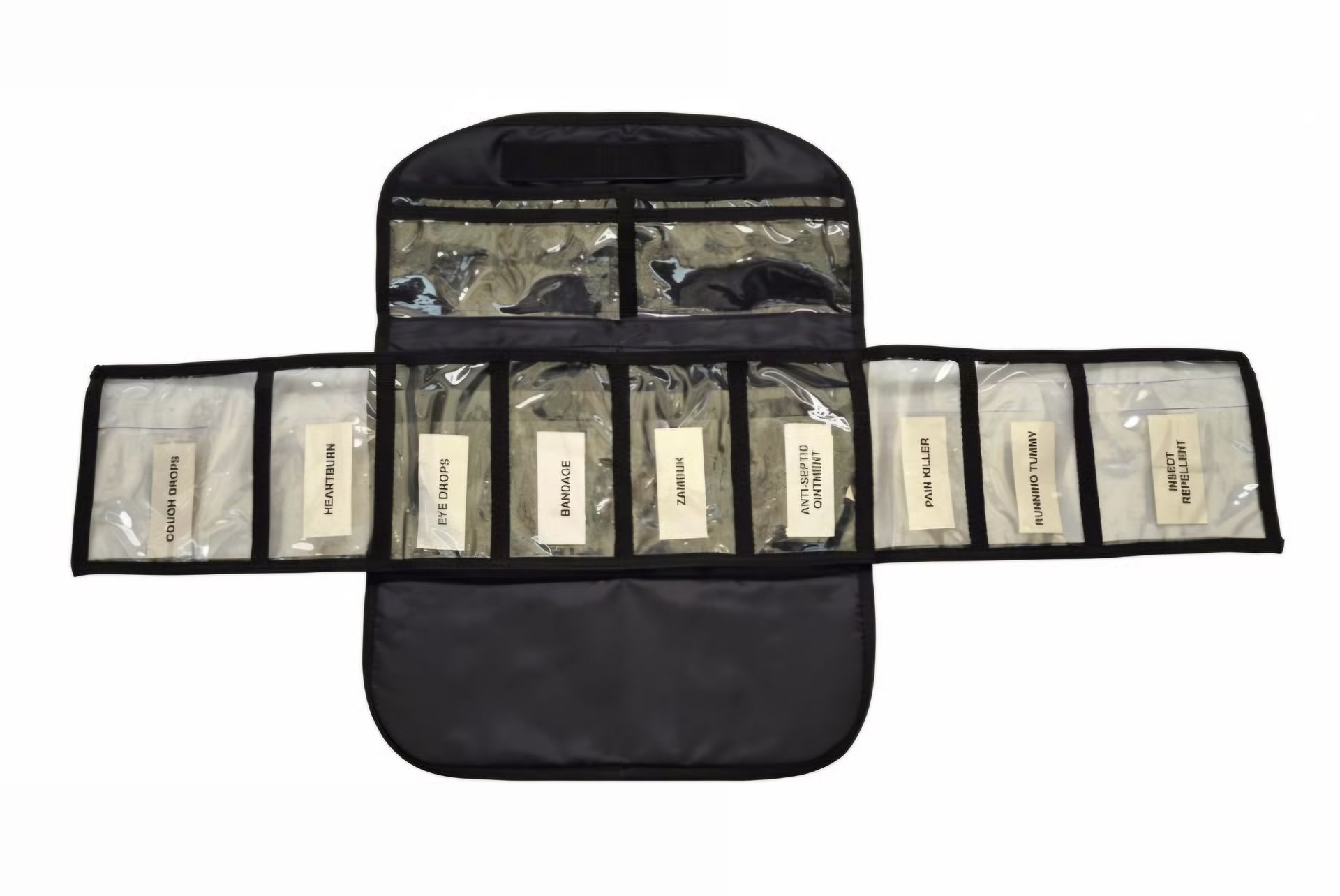 Black zippered organizer bag with multiple transparent pockets holding small labeled packets.