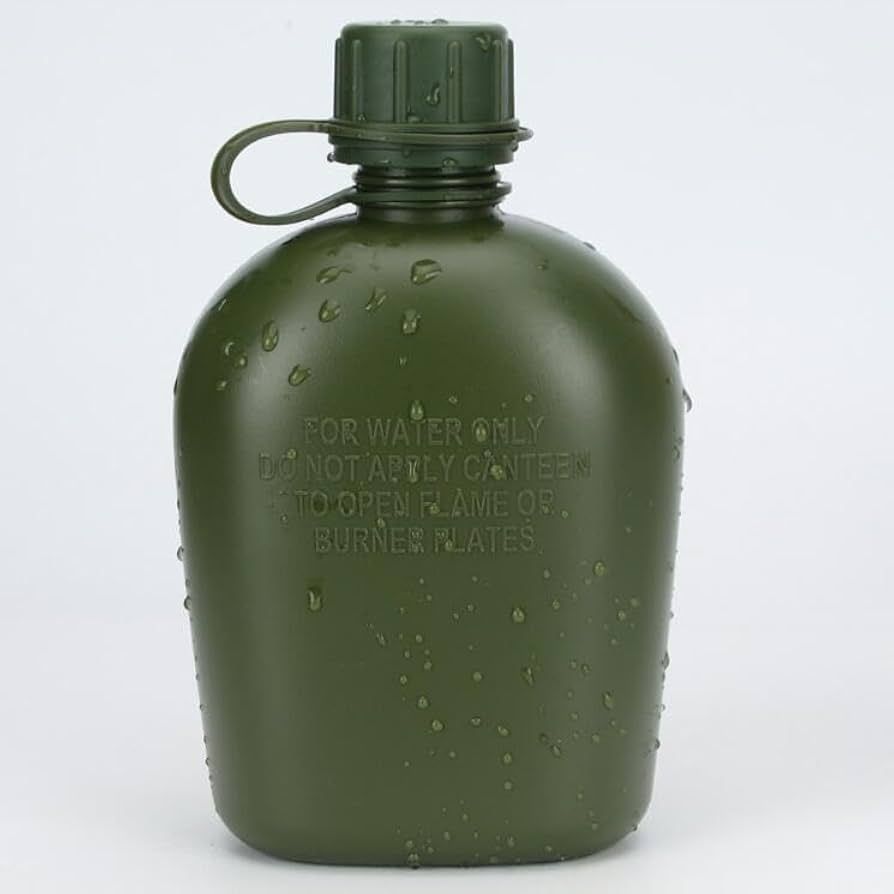 Two olive-green military-style canteens with caps and a dark green strap on a white background