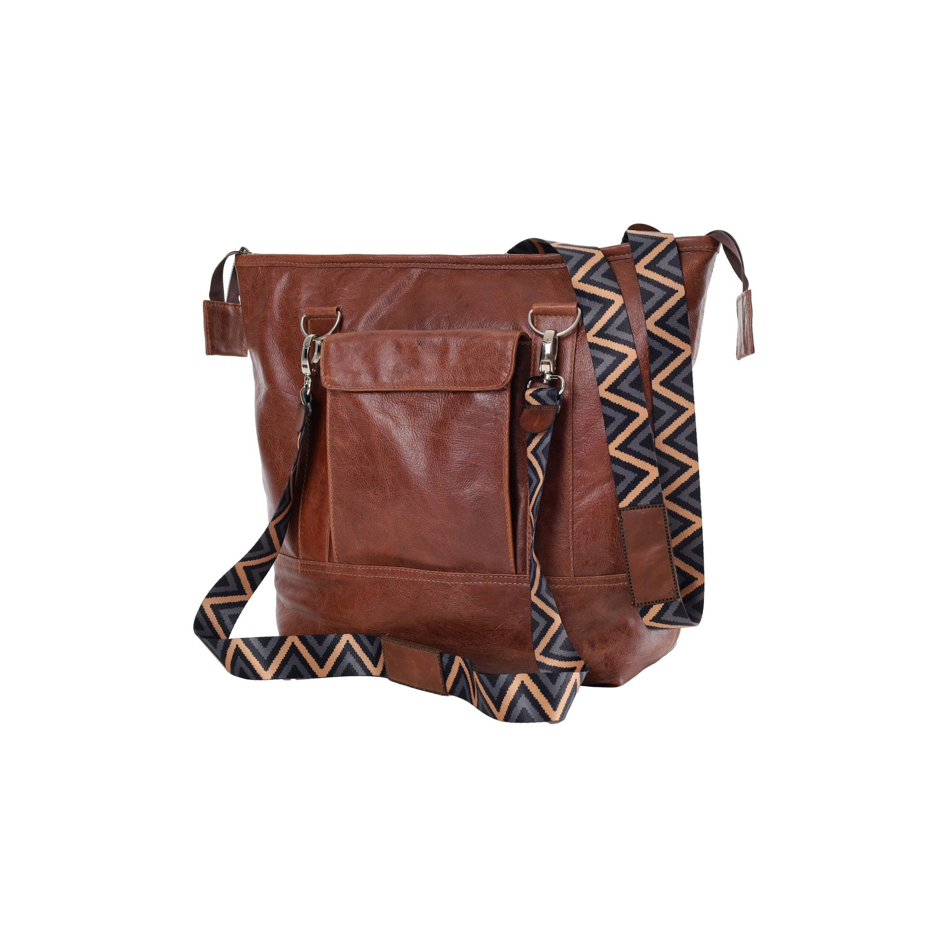 Brown leather shoulder bag with patterned straps on a white background
