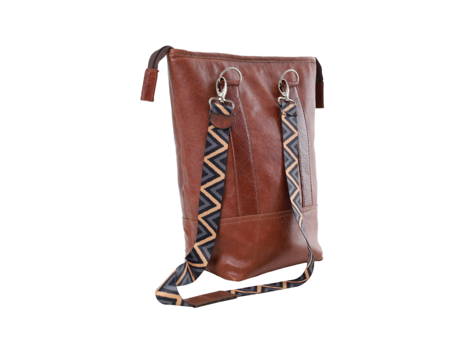 Brown leather backpack with patterned straps and a drawstring top