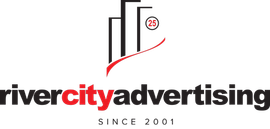 The logo for rivercity consulting is black and red with a red arrow.