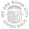 The logo for river city is gray and says `` we are river city giving back ''.