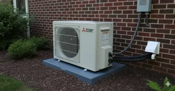 Mitsubishi air conditioning unit on a concrete pad next to a brick building.