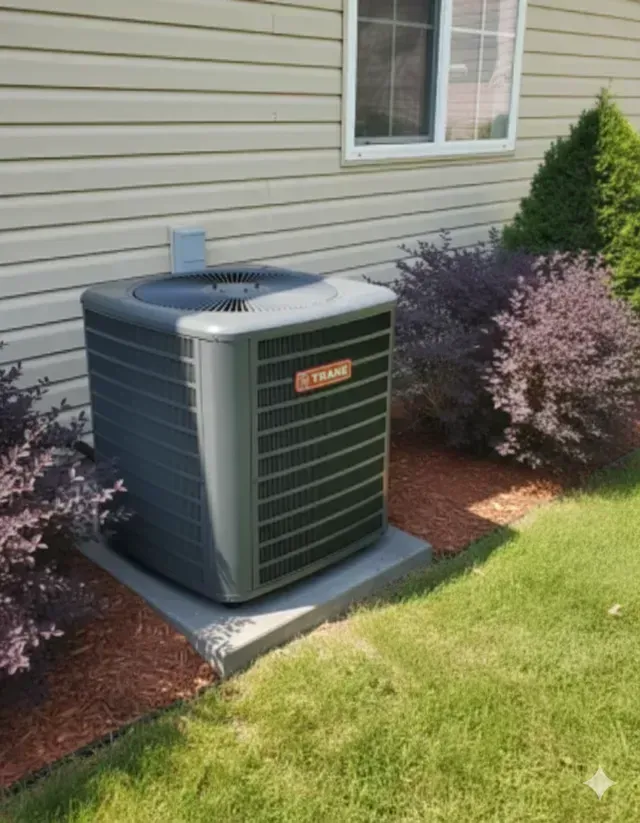 Gray Trane air conditioner unit next to house with small bushes and grass.