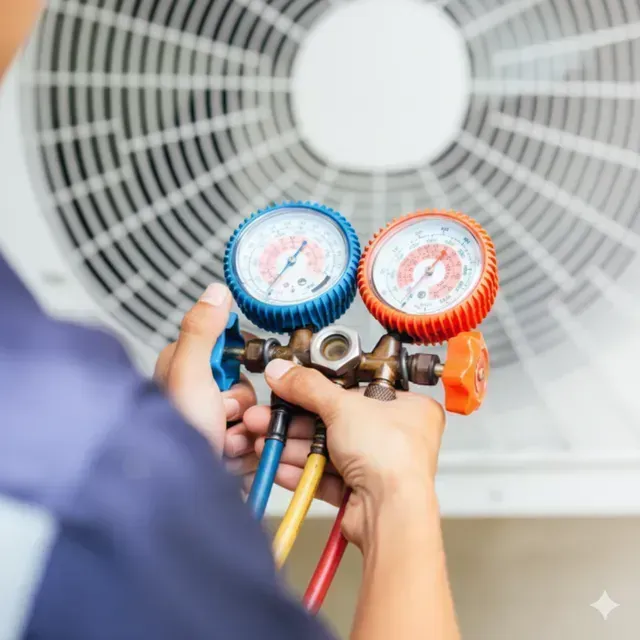 HVAC technician using gauges to service an air conditioning unit; close-up.