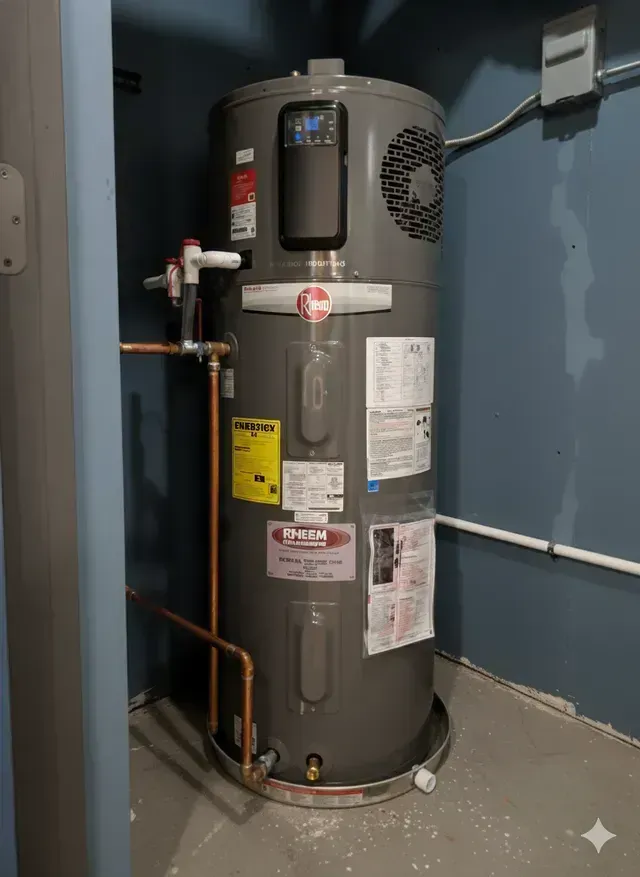 A tall, gray Rheem water heater in a utility room with copper pipes and a digital display.