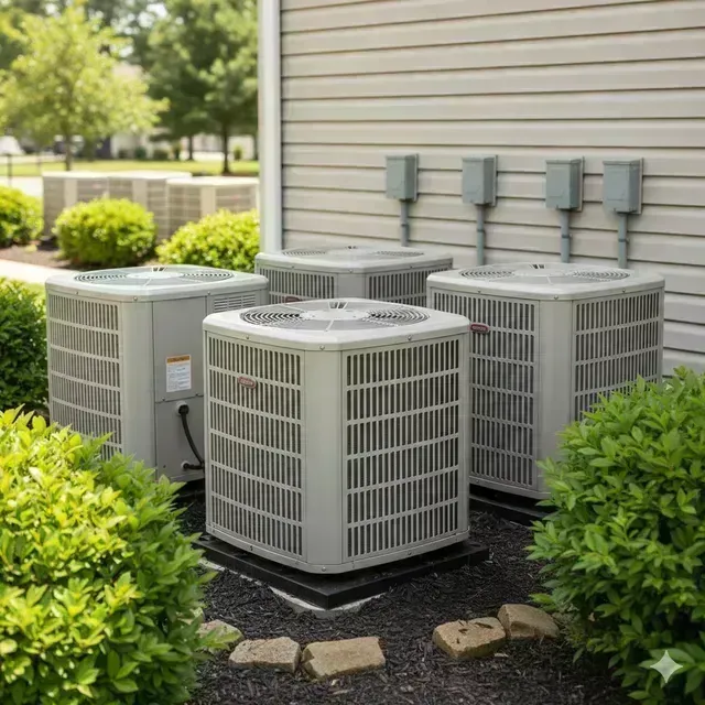 Four air conditioning units outside a building with bushes and landscaping stones.