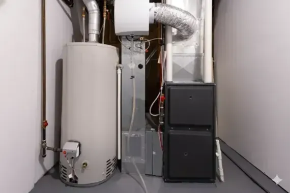 A water heater, furnace, and ducts sit in a basement corner against white and gray walls.