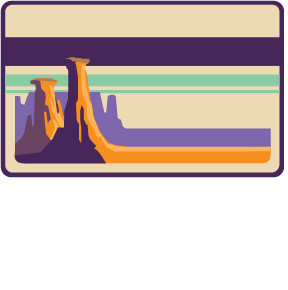 Stylized desert canyon with orange rock spires, purple foreground, and horizontal cream, green, and purple bands