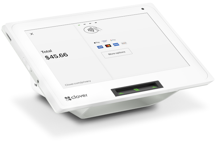 White touchscreen device angled on a plain background, with a small display and paper output slot.