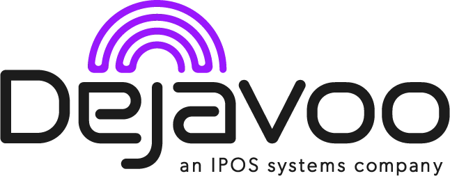 Dejavoo logo in black with purple arches and the tagline “an IPOS systems company”