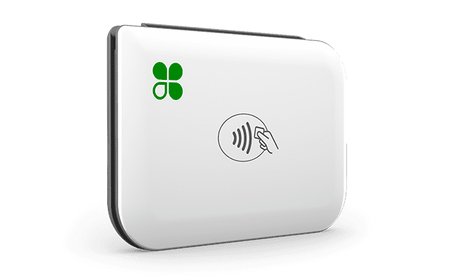White contactless payment terminal with green logo and tap-to-pay symbol