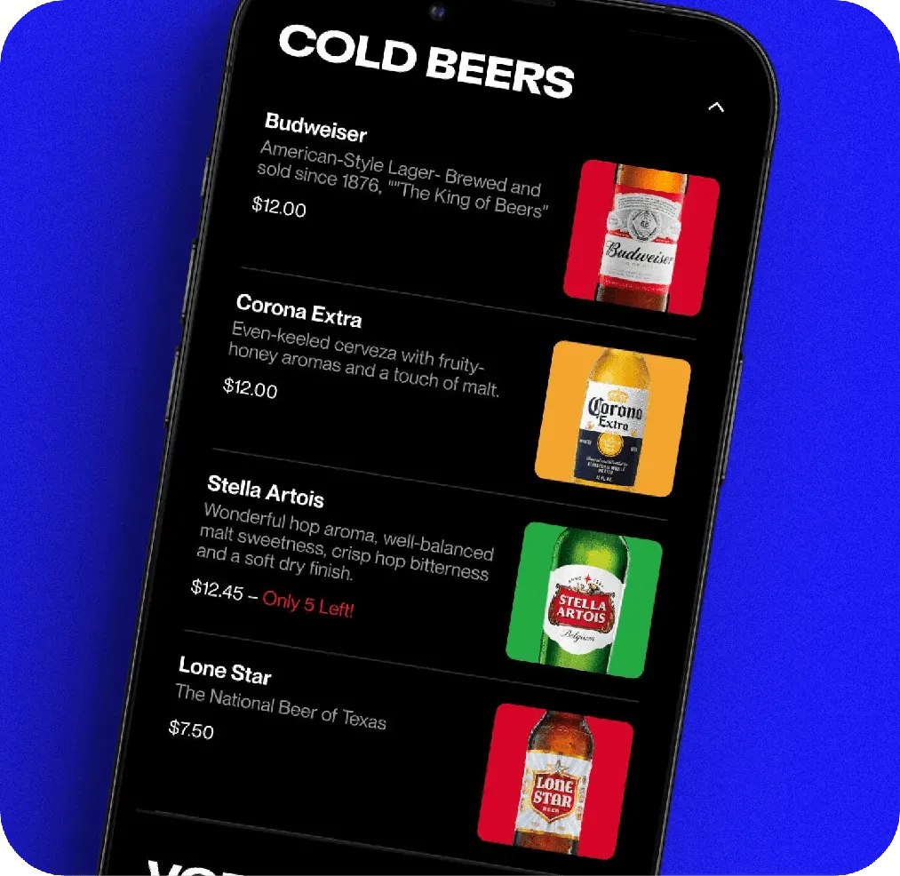 Stylized cold beers menu on a black phone screen with red, yellow, green, and red bottle labels.