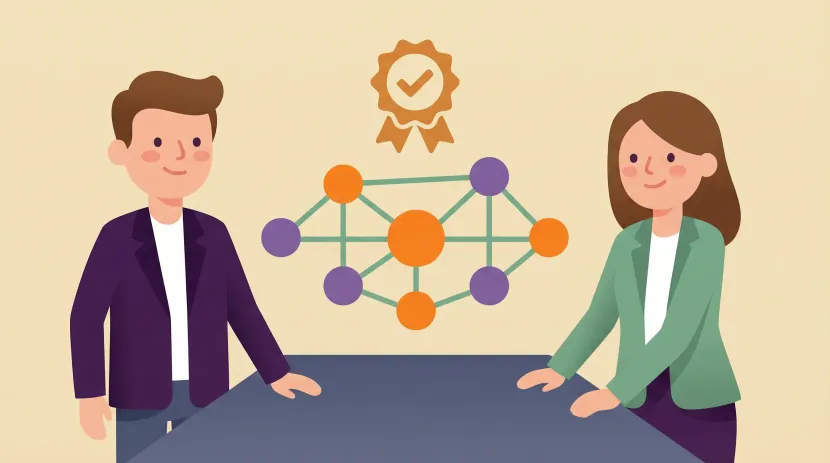 Two people seated at a table with a network diagram and award icon behind them