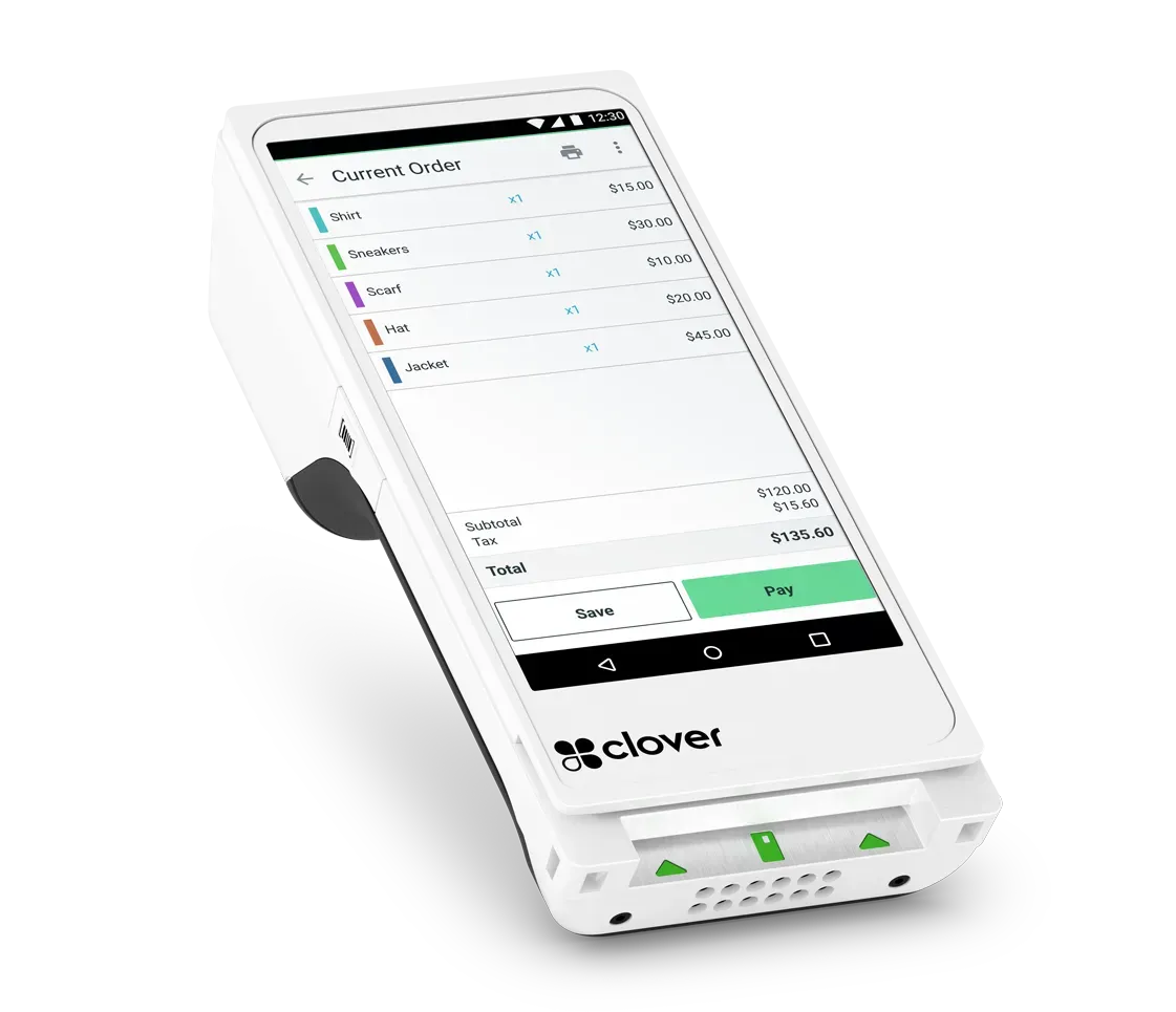 White Clover Point of Sale terminal displaying a checkout screen on a stand