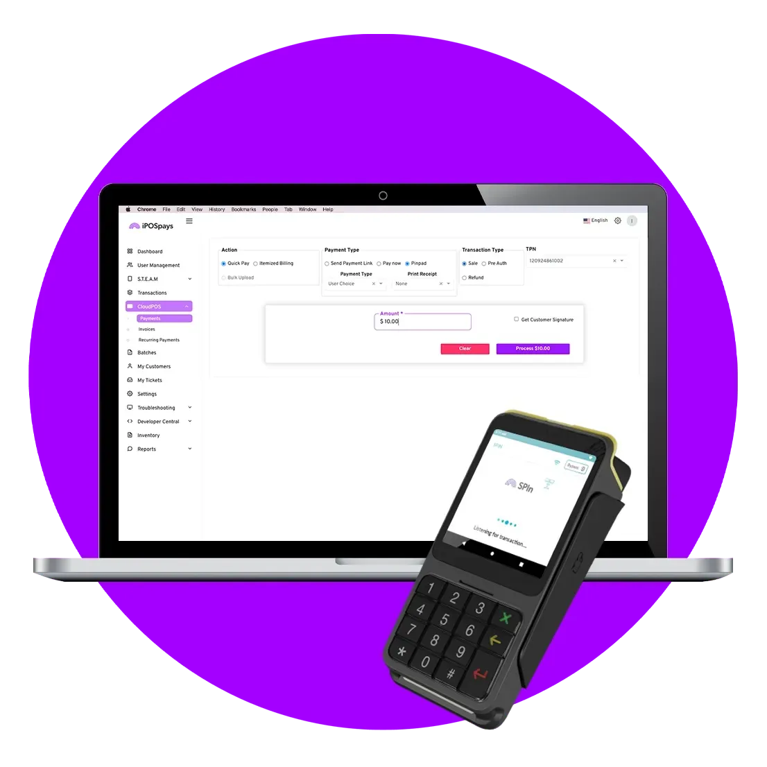 Laptop and handheld POS terminal on a purple circle background, showing a payment management screen