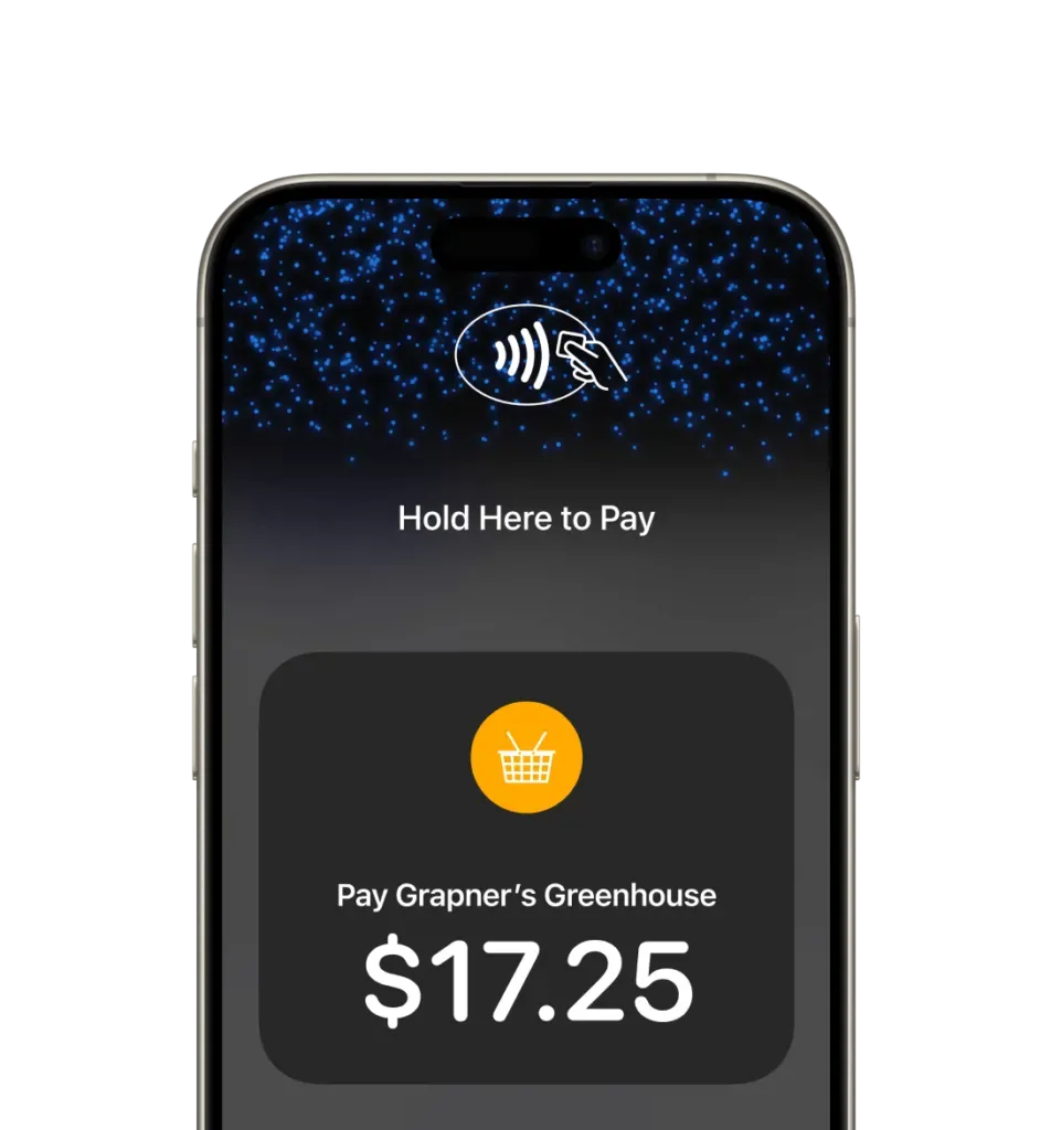 Mobile payment screen with blue starry background showing “Hold Here to Pay” and $17.25 for Payne's Greenhouse