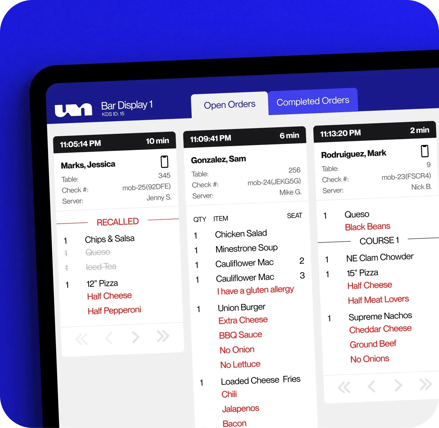 Dark-themed scheduling dashboard with three white task columns on a blue background.