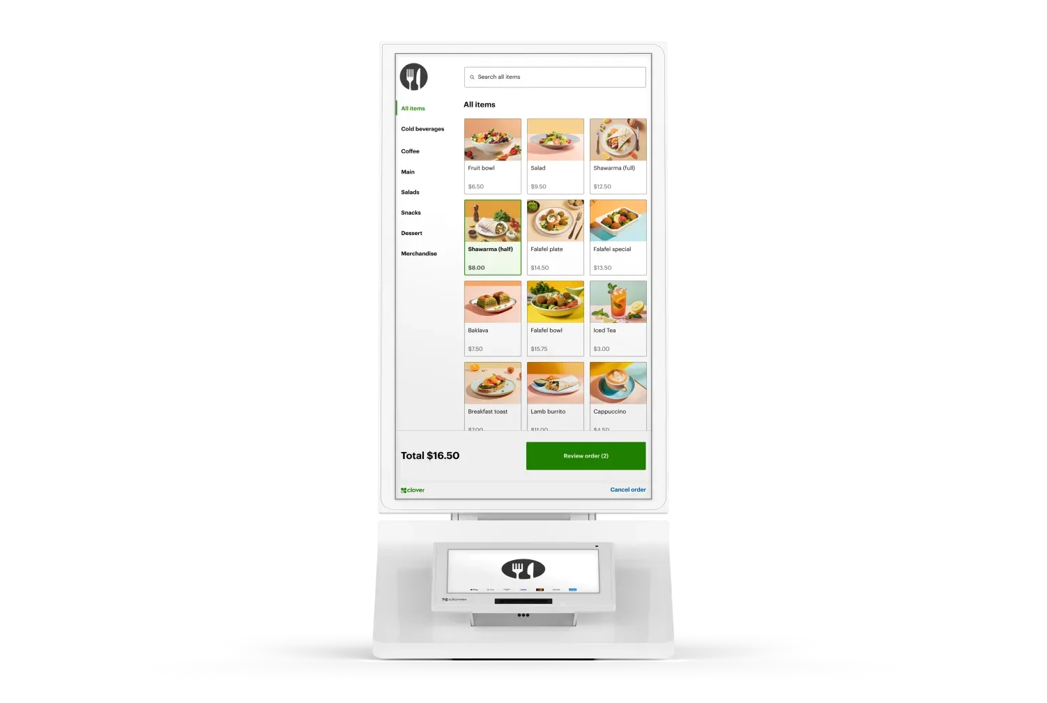 Digital kiosk displaying a restaurant ordering menu with food item tiles and a green checkout button