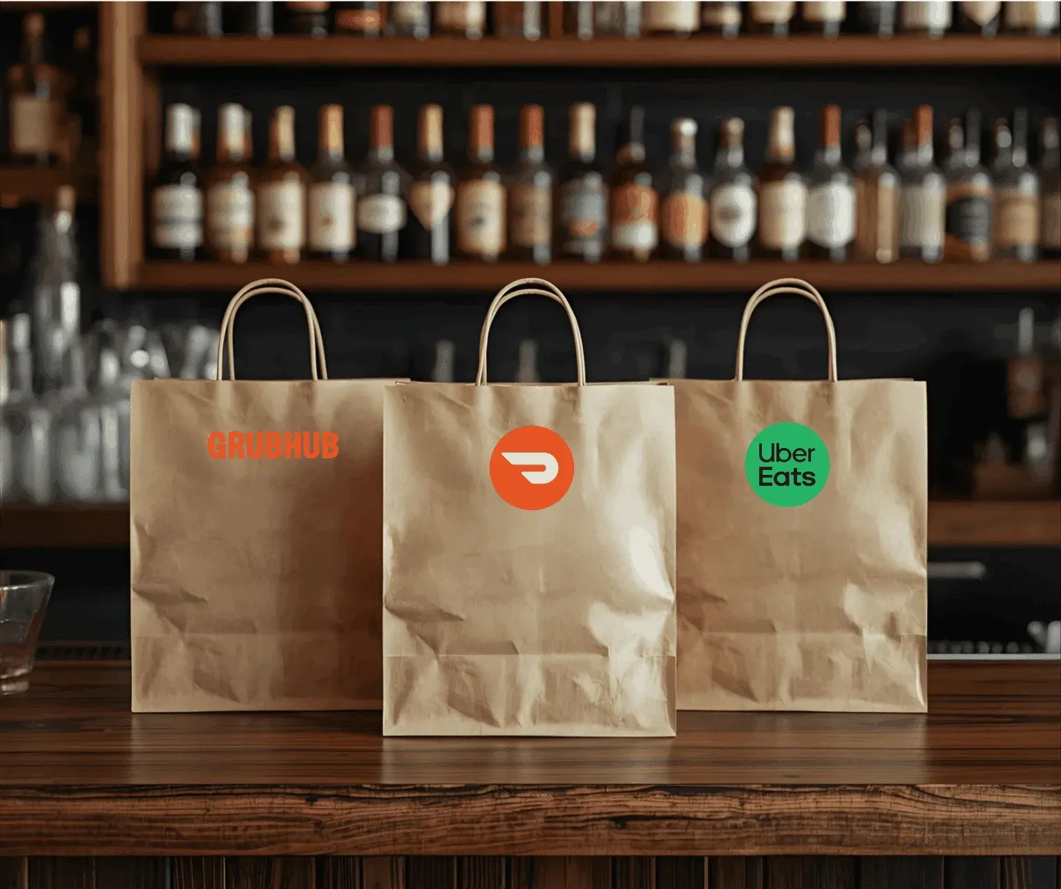 Three brown paper takeout bags with logos on a wooden table in a café