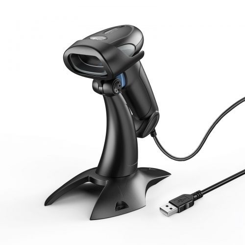 Black handheld barcode scanner on a stand with USB cable attached