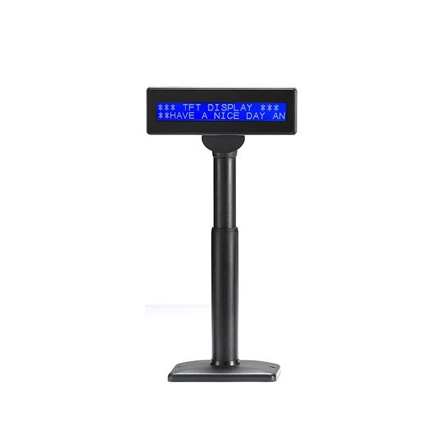 Black self-checkout display on a stand with a blue screen reading “THANK YOU HAVE A NICE DAY.”