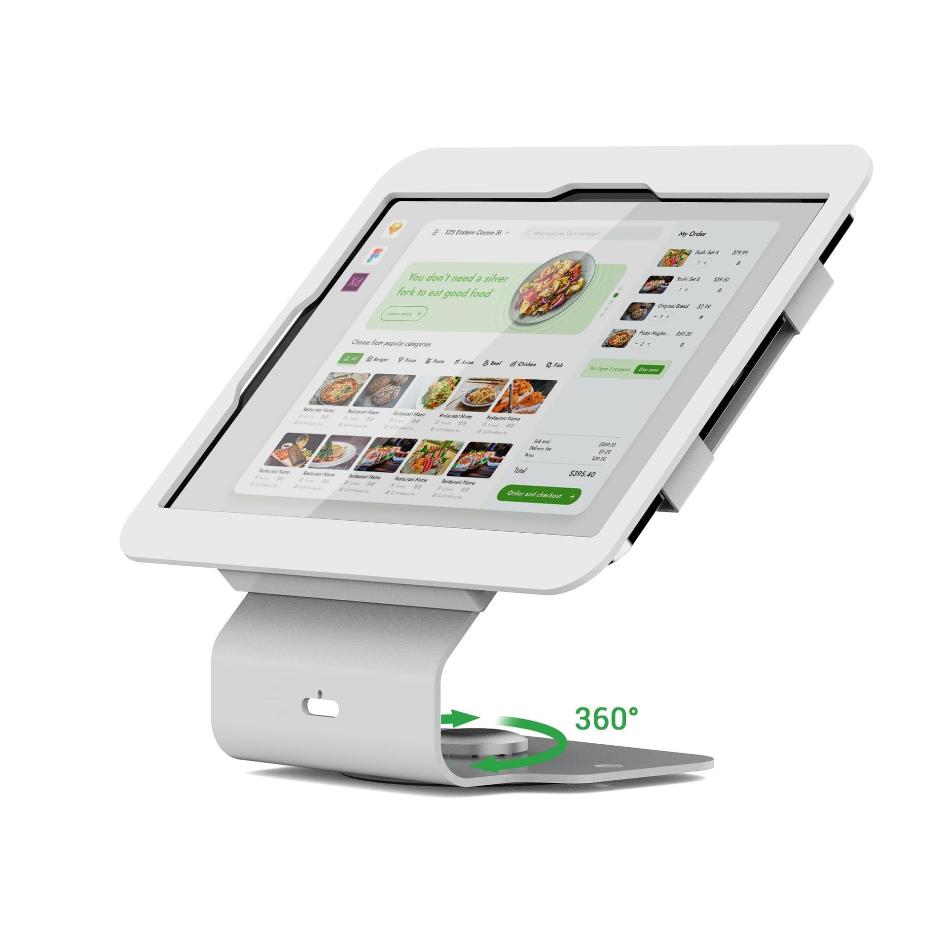 White touchscreen restaurant ordering kiosk on a swivel stand with green 360° rotation indicator