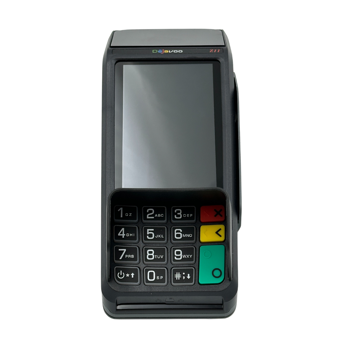 Black handheld payment terminal with touchscreen and keypad, featuring yellow and green function buttons.