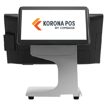 Korona POS touchscreen register with black monitor and silver stand, front view
