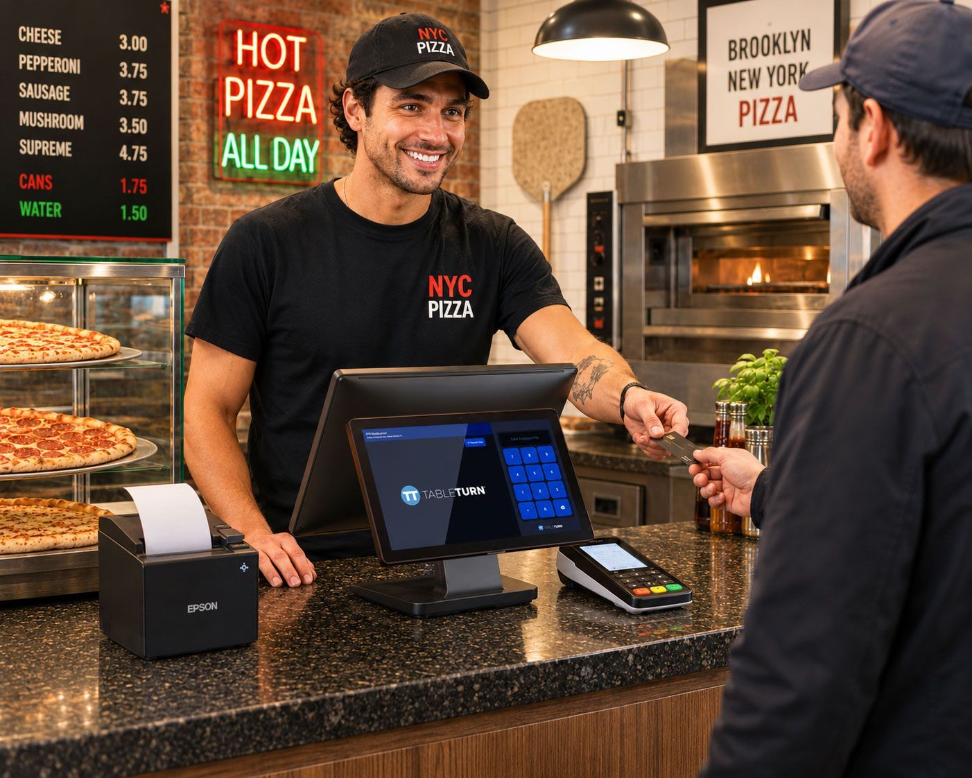 Pizza shop cashier handing a customer a pizza box at the counter.