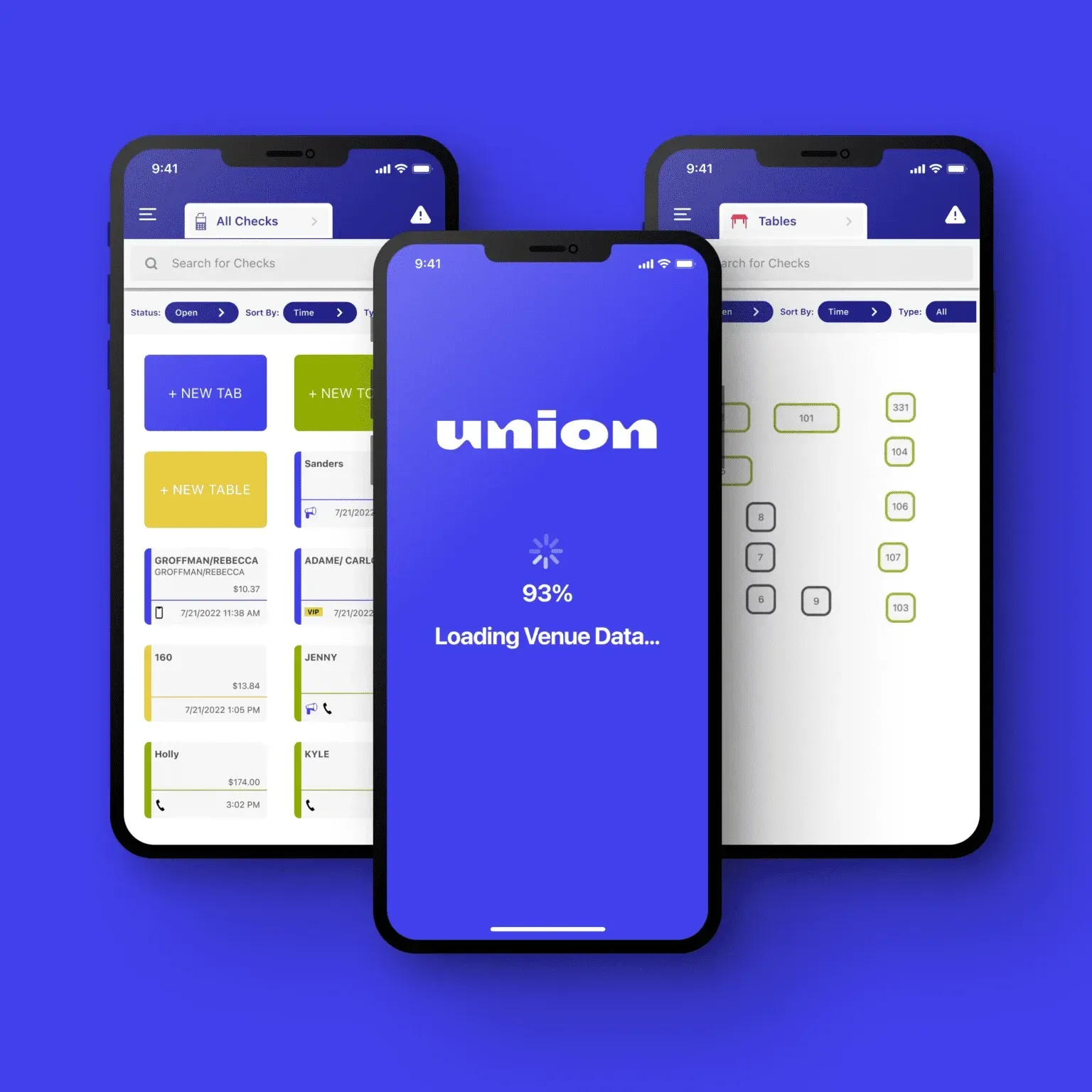 Three smartphone app screens on a blue background, with a central screen showing the Union loading page.