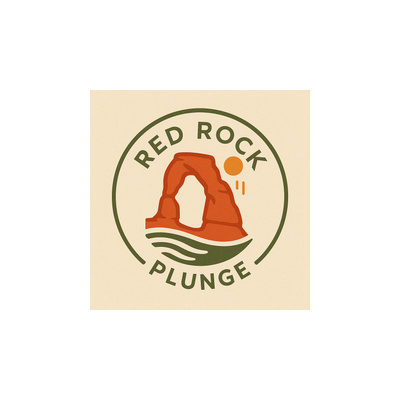 Red Rock Plunge logo with orange rock arch inside a green circle on a beige background