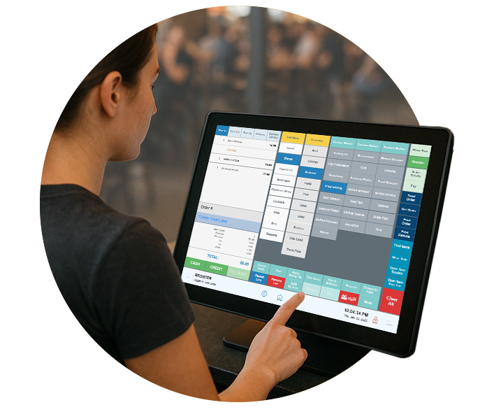 Person using a touchscreen POS terminal with a blue-and-white interface in a restaurant setting