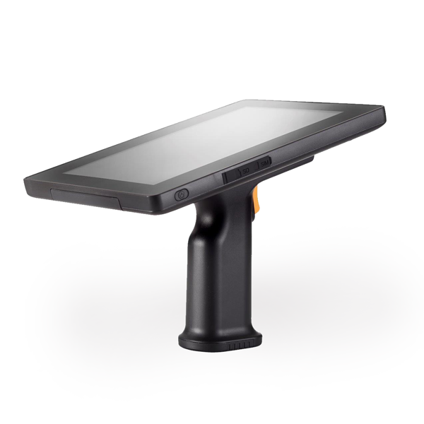 Black handheld barcode scanner with a small touchscreen display on a white background