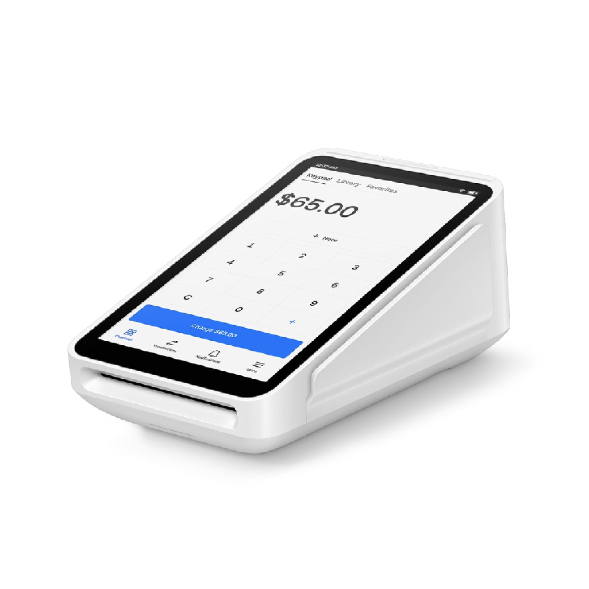 White mobile payment terminal with touchscreen display on a white background